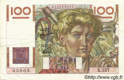 100 Francs JEUNE PAYSAN FRANKREICH  1950 F.28.25 fVZ