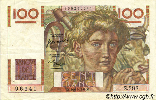 100 Francs JEUNE PAYSAN FRANKREICH  1950 F.28.28 SS