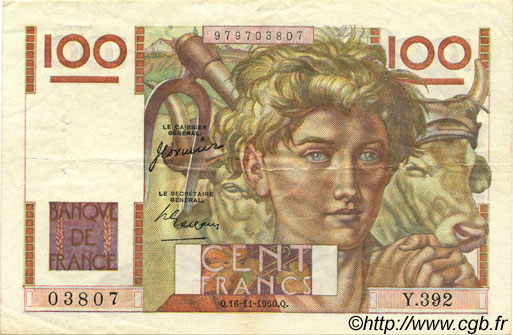100 Francs JEUNE PAYSAN FRANKREICH  1950 F.28.28 fVZ