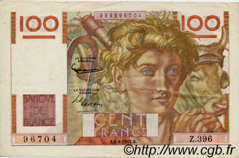 100 Francs JEUNE PAYSAN FRANCE  1951 F.28.29 XF