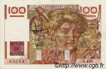 100 Francs JEUNE PAYSAN FRANKREICH  1952 F.28.31 VZ+