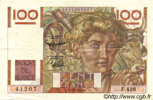 100 Francs JEUNE PAYSAN FRANCIA  1952 F.28.31 EBC