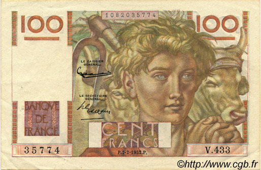 100 Francs JEUNE PAYSAN FRANCIA  1952 F.28.31 SPL