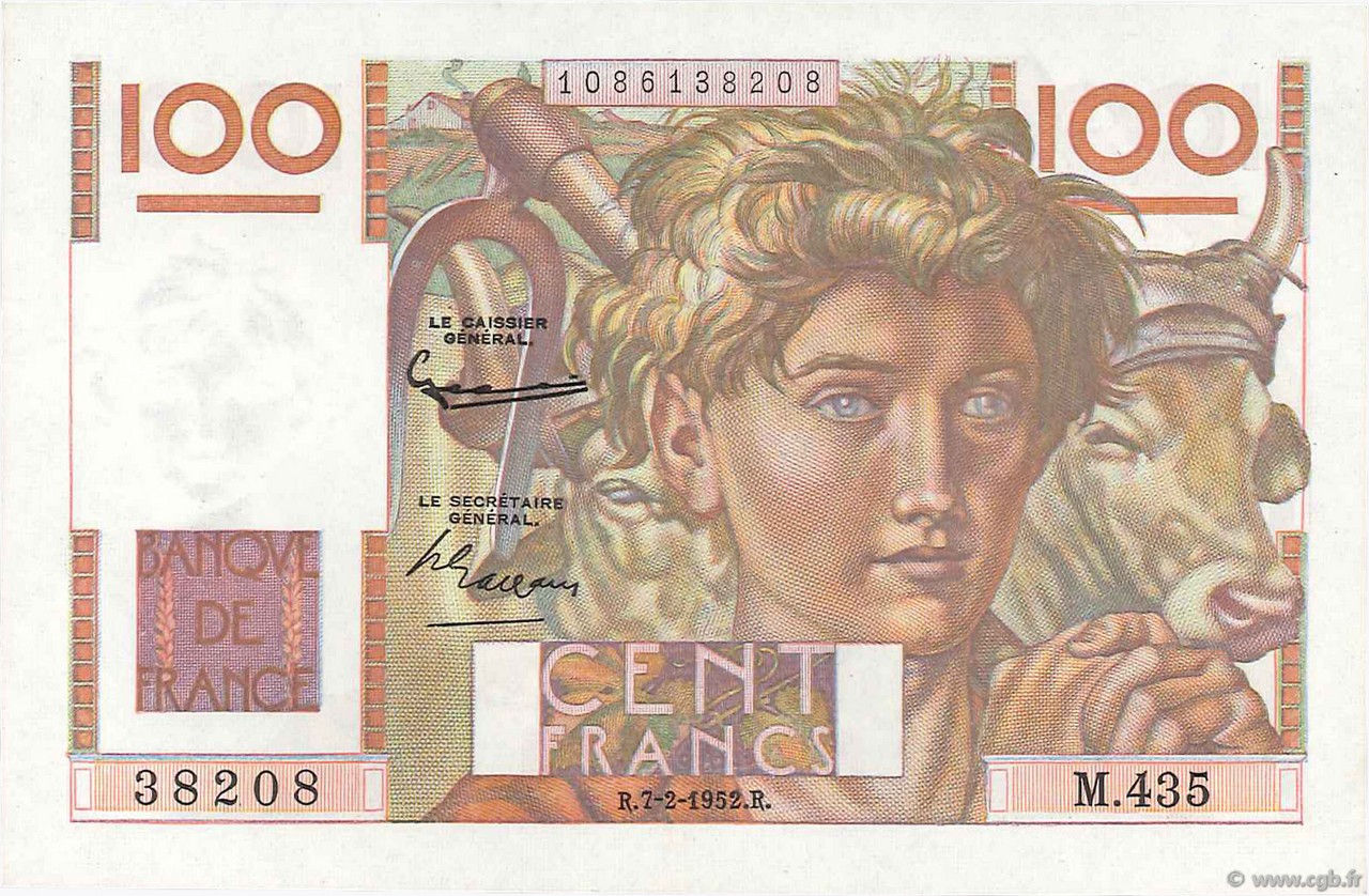 100 Francs JEUNE PAYSAN FRANCE  1952 F.28.31 AU