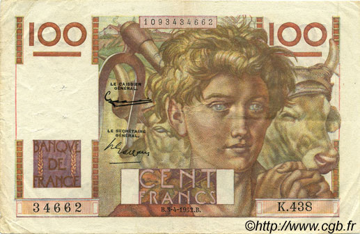 100 Francs JEUNE PAYSAN FRANKREICH  1952 F.28.32 SS