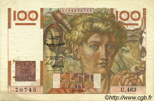 100 Francs JEUNE PAYSAN FRANCE  1952 F.28.33 TTB