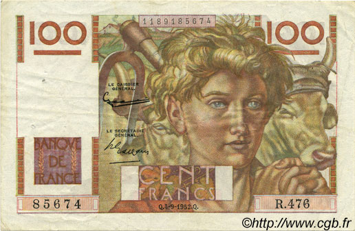 100 Francs JEUNE PAYSAN FRANKREICH  1952 F.28.33 VZ