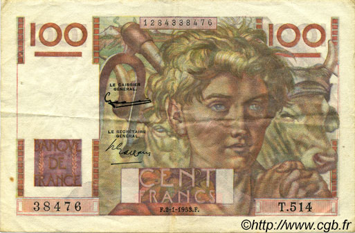 100 Francs JEUNE PAYSAN FRANCE  1953 F.28.35 VF+