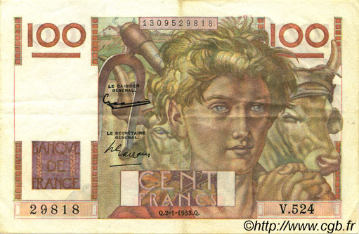 100 Francs JEUNE PAYSAN FRANCE  1953 F.28.35 XF