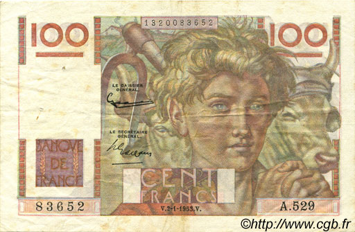 100 Francs JEUNE PAYSAN FRANCE  1953 F.28.35 VF