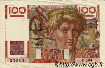 100 Francs JEUNE PAYSAN FRANCE  1953 F.28.36 VF