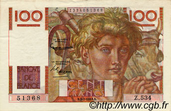 100 Francs JEUNE PAYSAN FRANKREICH  1953 F.28.36 VZ+