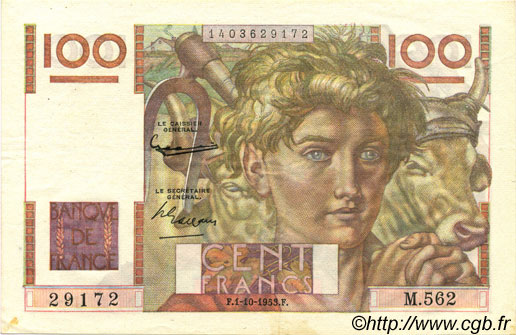 100 Francs JEUNE PAYSAN FRANCIA  1953 F.28.39 EBC