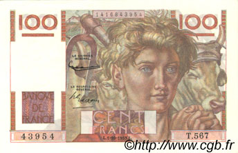 100 Francs JEUNE PAYSAN FRANCE  1953 F.28.39 SUP+