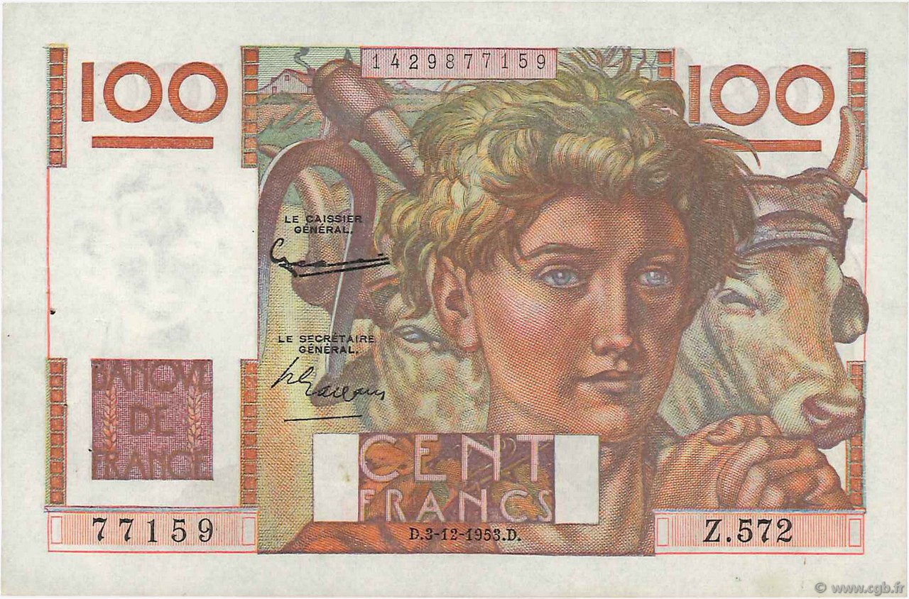 100 Francs JEUNE PAYSAN FRANCIA  1953 F.28.40 EBC