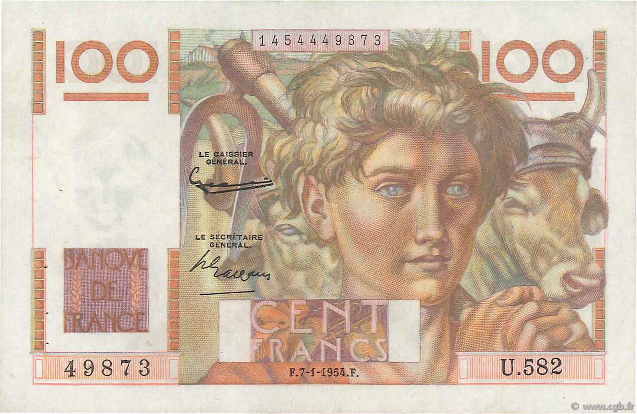 100 Francs JEUNE PAYSAN FRANKREICH  1954 F.28.41 VZ