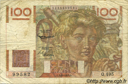 100 Francs JEUNE PAYSAN filigrane inversé FRANCE  1952 F.28bis.01 F-
