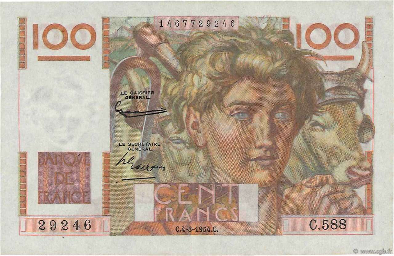100 Francs JEUNE PAYSAN filigrane inversé FRANCIA  1954 F.28bis.05 EBC+ a SC