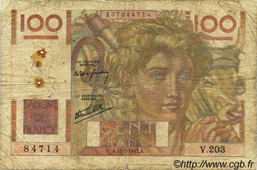 100 Francs JEUNE PAYSAN Favre-Gilly FRANKREICH  1947 F.28ter.01 fSGE