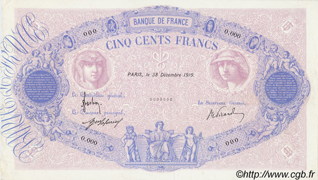 500 Francs BLEU ET ROSE Épreuve FRANCE  1919 F.30.23Ec UNC-