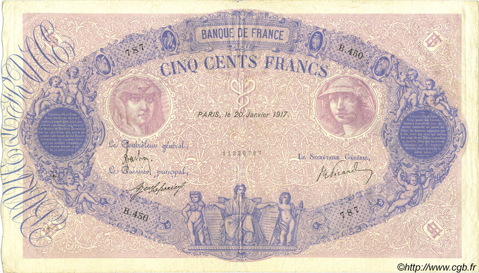 500 Francs BLEU ET ROSE FRANCE  1917 F.30.23 F - VF