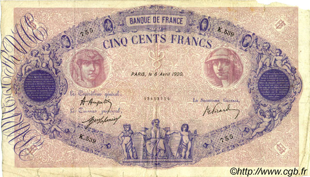500 Francs BLEU ET ROSE FRANCIA  1920 F.30.24 MB