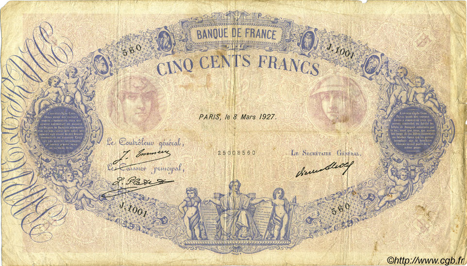 500 Francs BLEU ET ROSE FRANKREICH  1927 F.30.30 fS to S