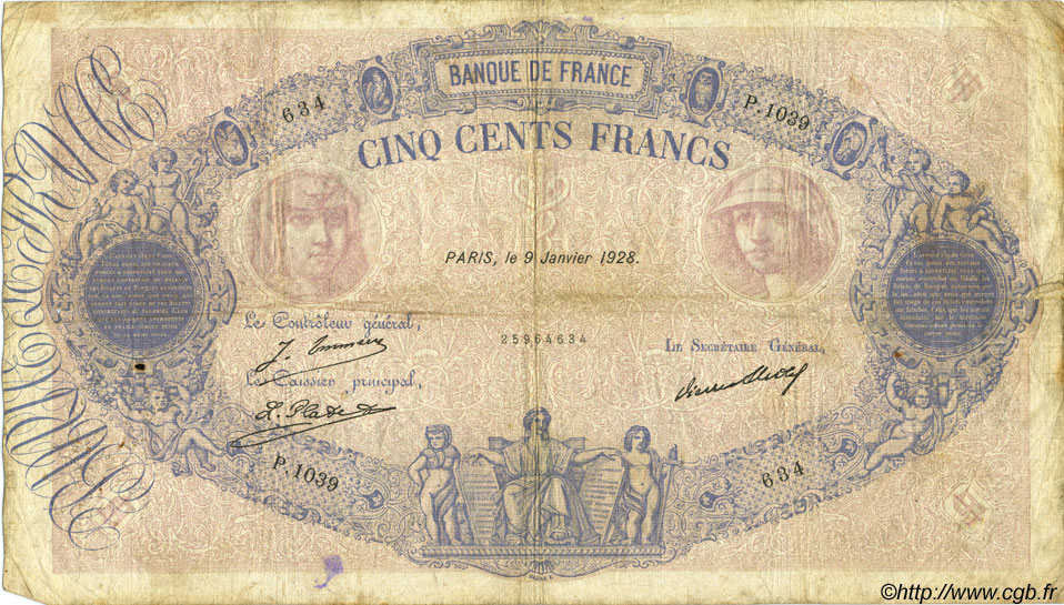 500 Francs BLEU ET ROSE FRANCIA  1928 F.30.31 RC+