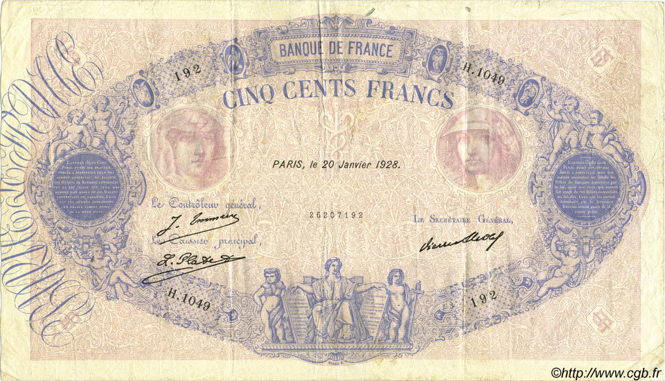 500 Francs BLEU ET ROSE FRANKREICH  1928 F.30.31 S