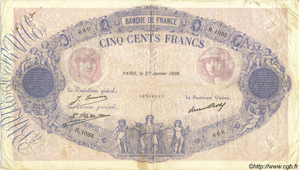 500 Francs BLEU ET ROSE FRANKREICH  1928 F.30.31 S
