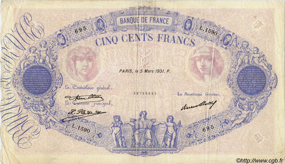 500 Francs BLEU ET ROSE FRANCIA  1931 F.30.34 BC+