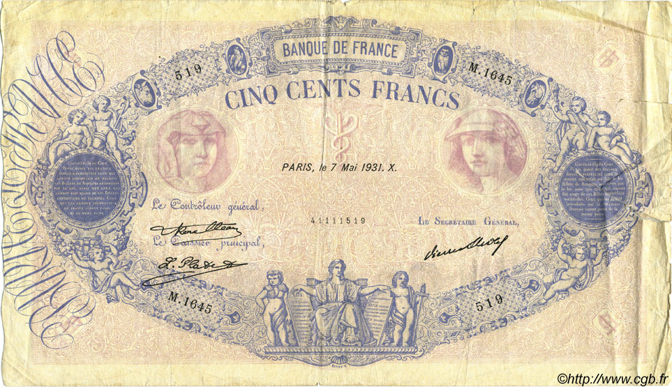 500 Francs BLEU ET ROSE FRANCIA  1931 F.30.34 MB