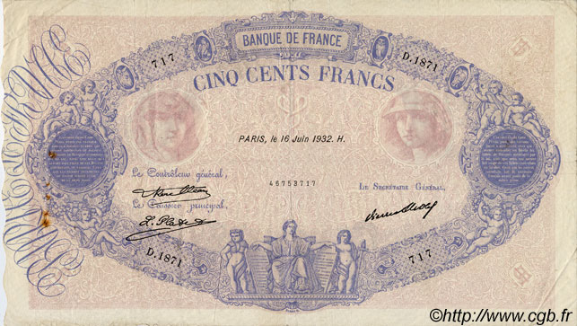500 Francs BLEU ET ROSE FRANCIA  1932 F.30.35 q.BB