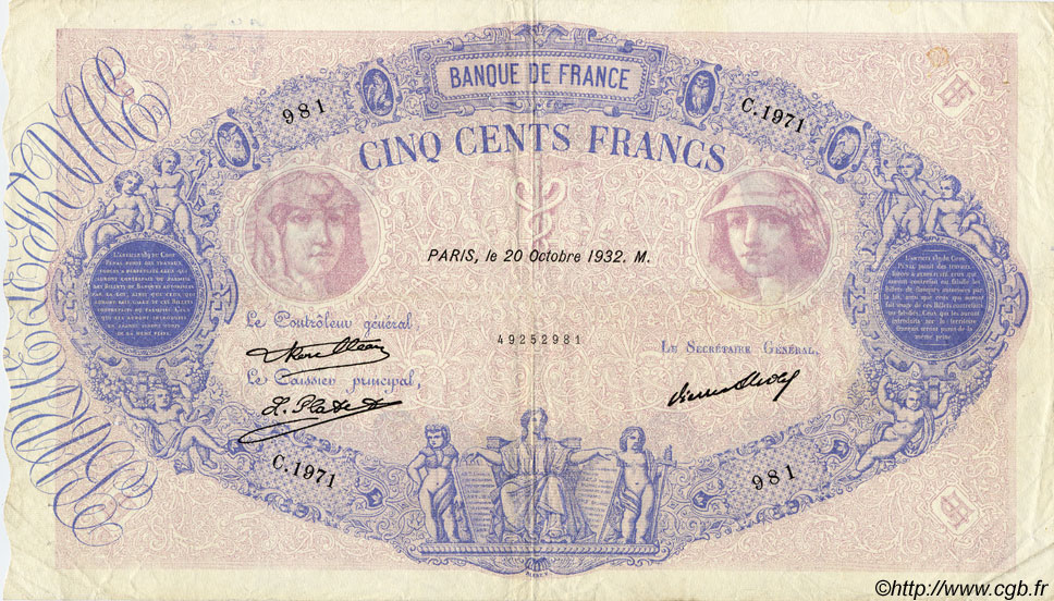 500 Francs BLEU ET ROSE FRANCIA  1932 F.30.35 MBC