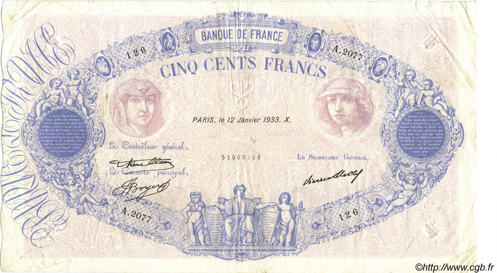500 Francs BLEU ET ROSE FRANCE  1933 F.30.36 F+