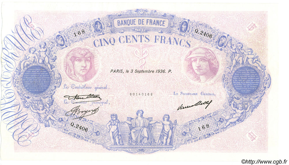 500 Francs BLEU ET ROSE FRANCE  1936 F.30.37 VF+