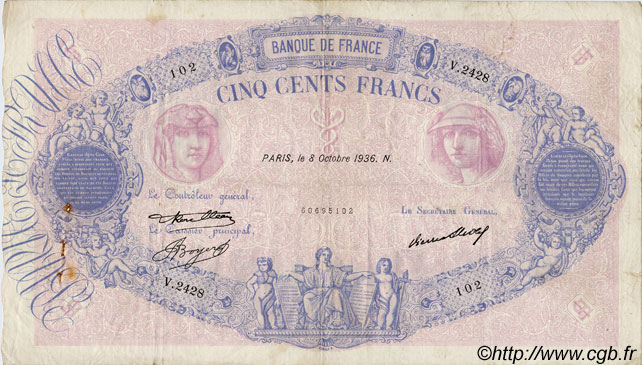 500 Francs BLEU ET ROSE FRANKREICH  1936 F.30.37 fSS