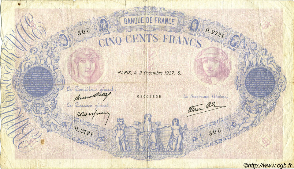 500 Francs BLEU ET ROSE modifié FRANCE  1937 F.31.04 F-