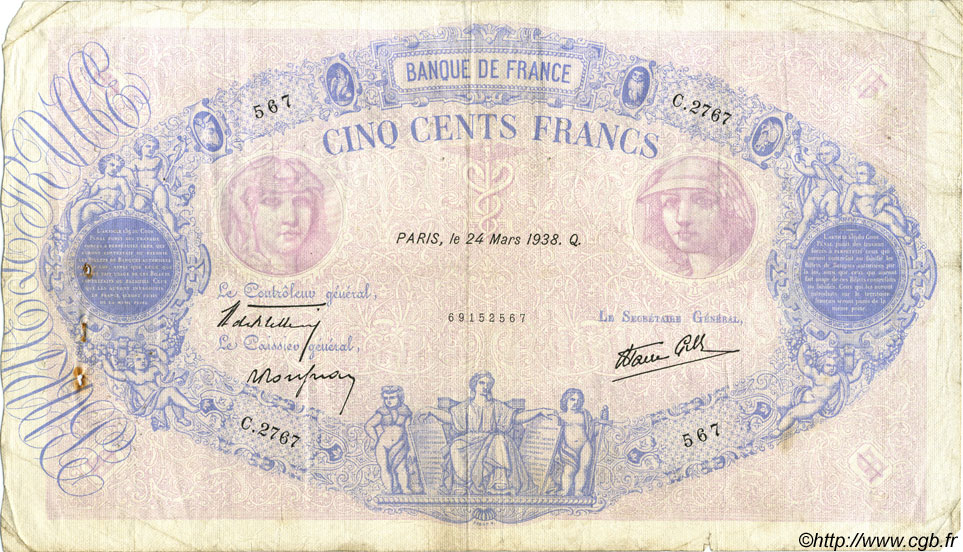 500 Francs BLEU ET ROSE modifié FRANCIA  1938 F.31.06 RC+