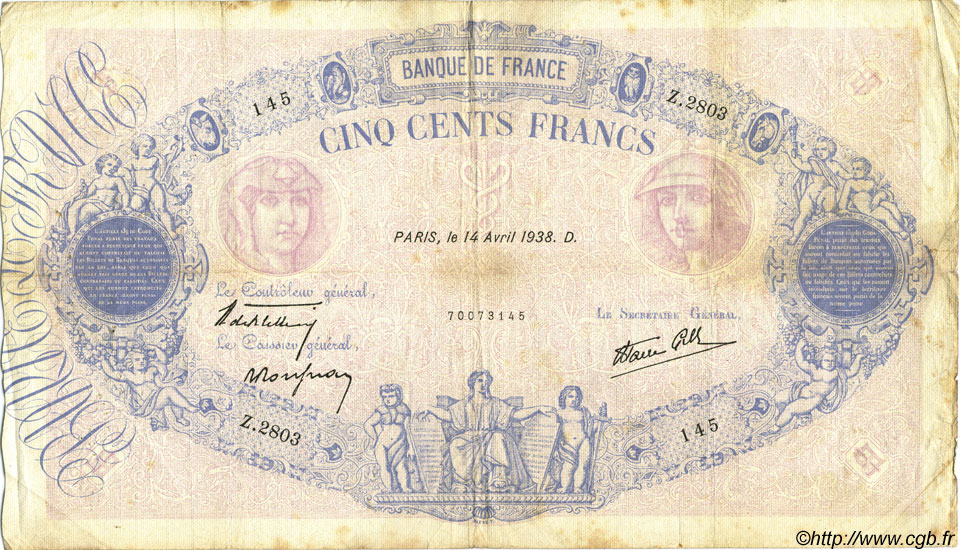 500 Francs BLEU ET ROSE modifié FRANCIA  1938 F.31.08 RC+