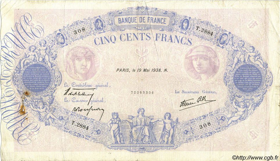 500 Francs BLEU ET ROSE modifié FRANCE  1938 F.31.11 F-