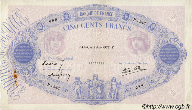 500 Francs BLEU ET ROSE modifié Grand numéro FRANCE  1938 F.31.13 VF