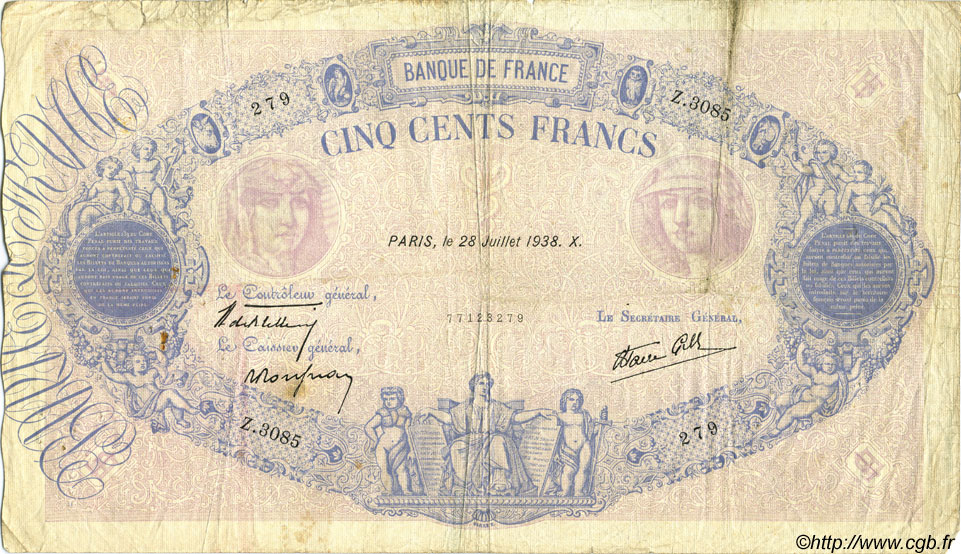 500 Francs BLEU ET ROSE modifié FRANCIA  1938 F.31.19 q.MB