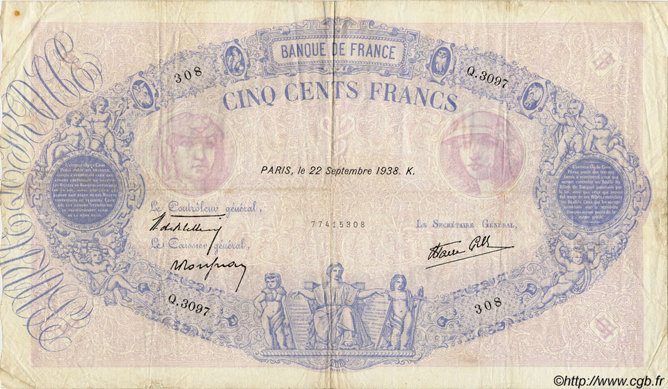 500 Francs BLEU ET ROSE modifié FRANCE  1938 F.31.20 F - VF