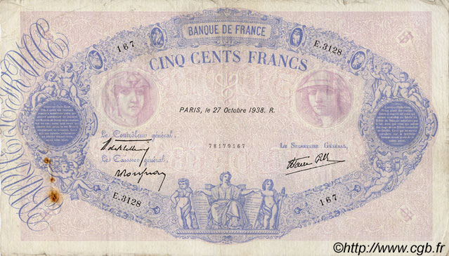 500 Francs BLEU ET ROSE modifié FRANCE  1938 F.31.21 F+