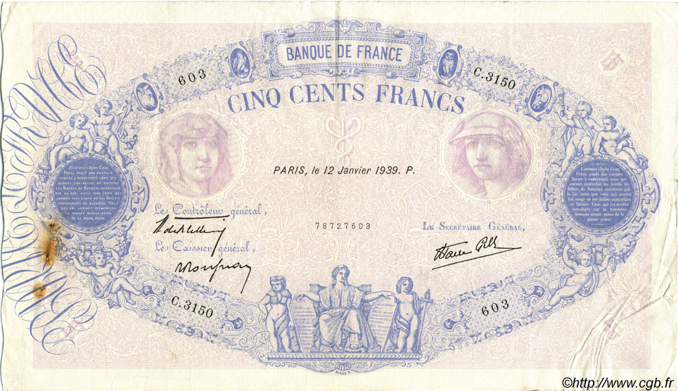 500 Francs BLEU ET ROSE modifié FRANCE  1939 F.31.22 F+