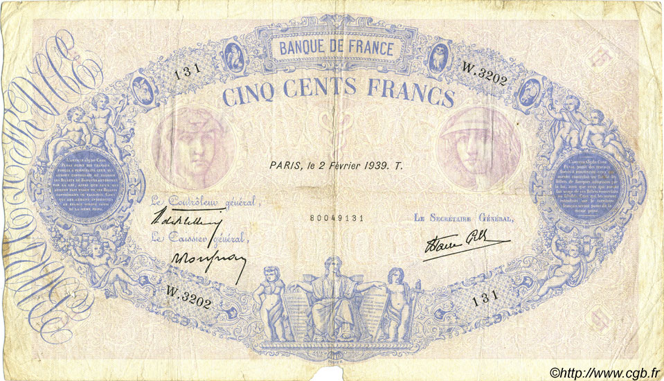 500 Francs BLEU ET ROSE modifié FRANCE  1939 F.31.24 F
