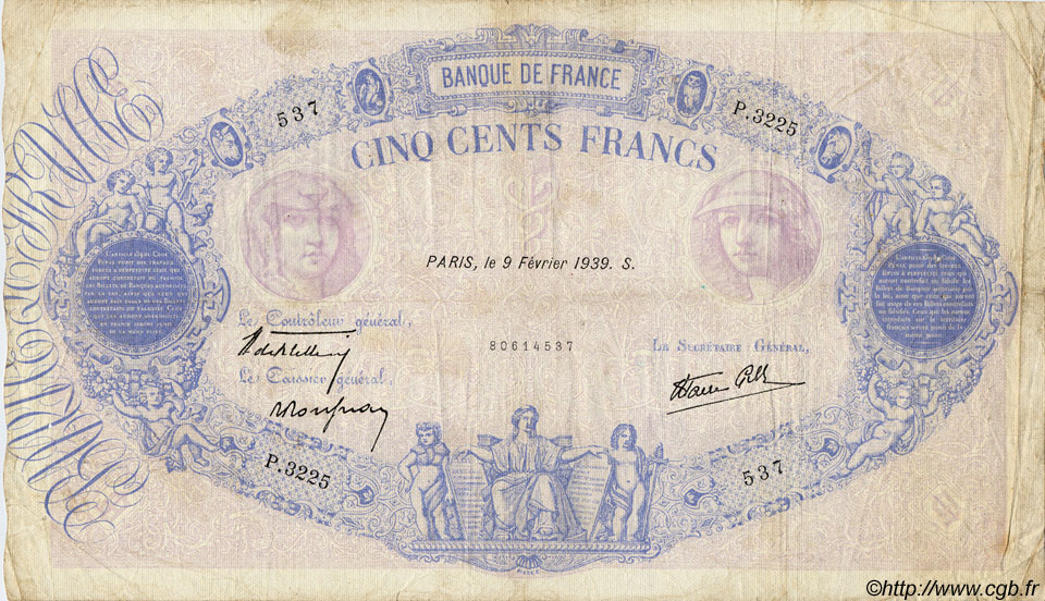 500 Francs BLEU ET ROSE modifié FRANCIA  1939 F.31.25 BC