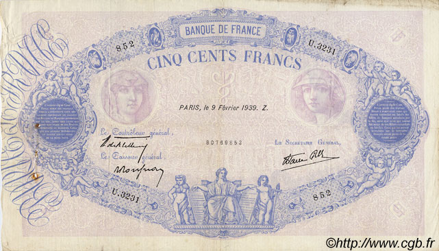 500 Francs BLEU ET ROSE modifié Grand numéro FRANCIA  1939 F.31.25 BC+