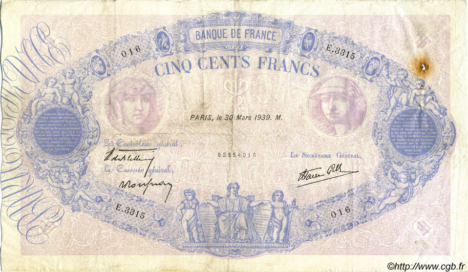 500 Francs BLEU ET ROSE modifié FRANKREICH  1939 F.31.29 S